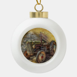 Vintage Farm Tractor Old Barn Shed Ceramic Ball Christmas Ornament