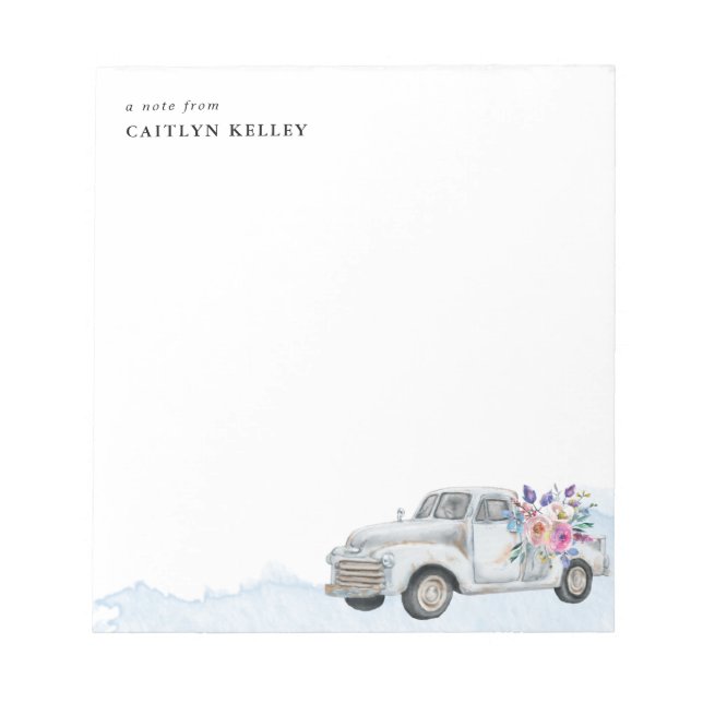 Vintage Farm Truck and Flowers, Blue Personalised Notepad (Front)