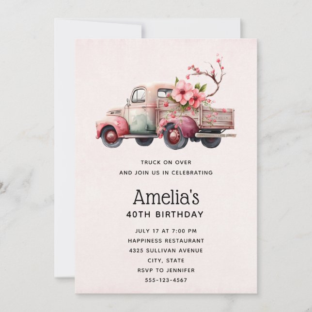 Vintage Farmer's Truck Pink Birthday Invitation (Front)