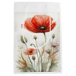 Vintage Farmhouse Decor Red Poppy Garden Flower Medium Gift Bag
