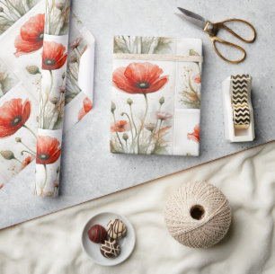 Vintage Farmhouse Decor Red Poppy Garden Flower Wrapping Paper