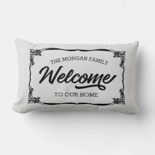 vintage farmhouse family welcome monogram lumbar cushion