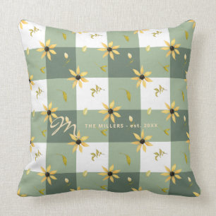 Vintage farmhouse floral sage green buffalo check cushion