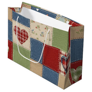 Vintage Farmhouse Heart Quilt Patchwork Print Large Gift Bag