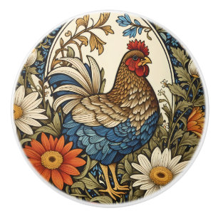 Vintage Farmhouse Hen and Daisy Flowers Ceramic Knob