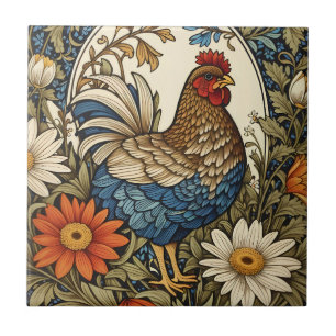 Vintage Farmhouse Hen and Daisy Flowers Ceramic Tile