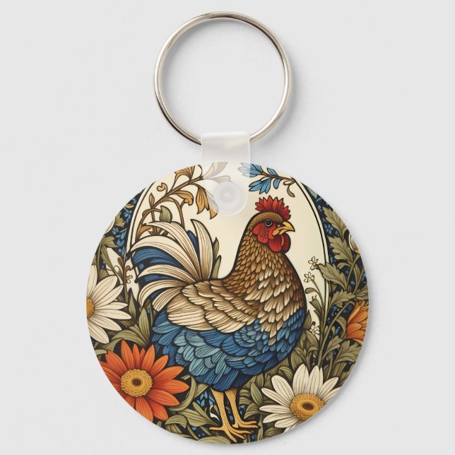 Vintage Farmhouse Hen and Daisy Flowers Key Ring (Front)