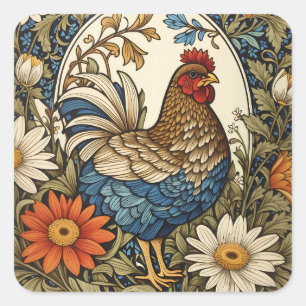 Vintage Farmhouse Hen and Daisy Flowers Square Sticker