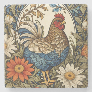 Vintage Farmhouse Hen and Daisy Flowers Stone Coaster