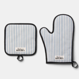 Vintage Farmhouse Ticking Stripe Blue Oven Mitt & Pot Holder Set