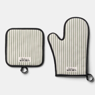 Vintage Farmhouse Ticking Stripe Sage Oven Mitt & Pot Holder Set