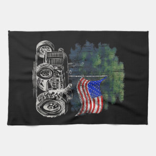 Vintage Farming Tractor American Flag Patriotic Fa Tea Towel