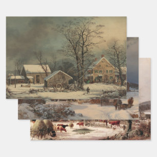 Vintage Farms Winter Decoupage Heavy Weight 3-Set Wrapping Paper Sheet