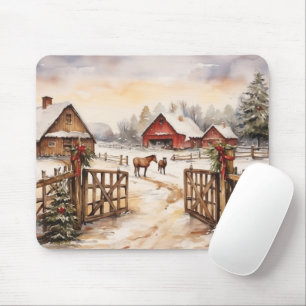 Vintage Farmyard With Horses In the Winter Mouse Pad