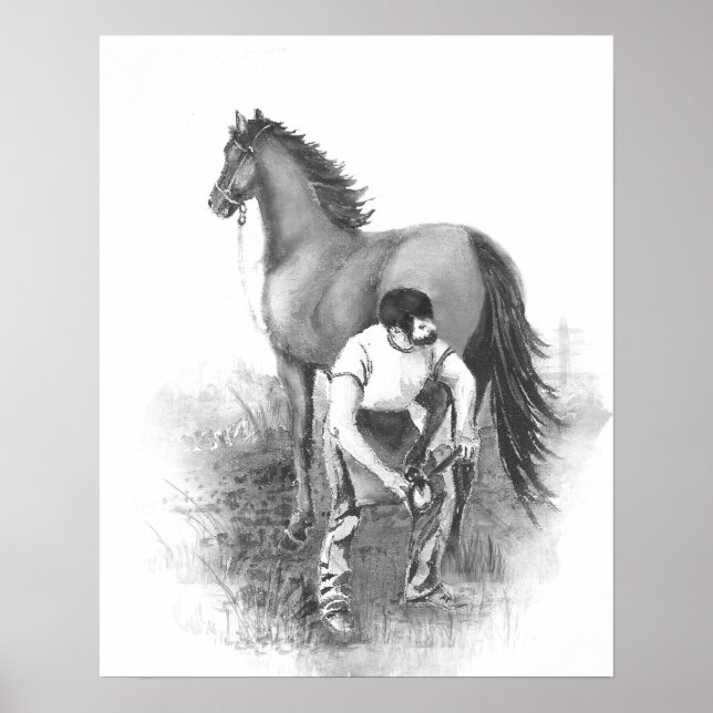 Vintage Farrier Horse Shoeing Black White Art Poster (Front)
