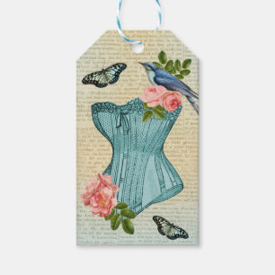 Vintage fashion bird, flower & butterfly gift tag