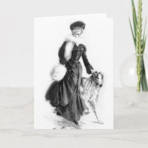 Vintage Fashion Borzoi Art Card