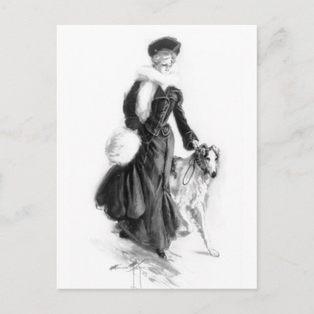 Vintage Fashion Borzoi Art Postcard (Front)