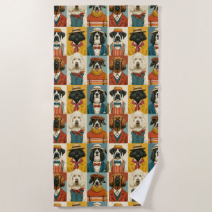 Vintage Fashion Dogs Portrait Collage Beach Towel