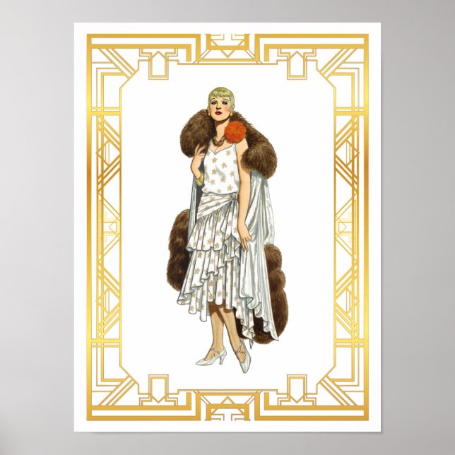 Vintage Fashion Flapper Fur Cape Evening Gown Poster (Front)