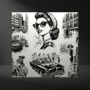 Vintage Fashion Girl Drawing Ceramic Tile