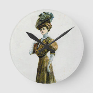 Vintage Fashion Illustration Lady In Grapes Hat Round Clock