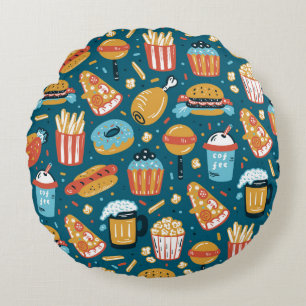 vintage Fast Food Icons Seamless Pattern. Repeat C Round Cushion