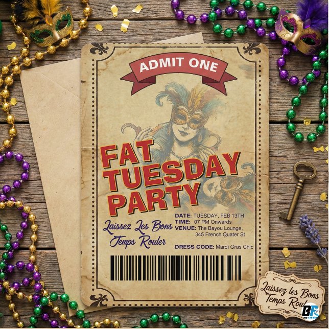 Vintage Fat Tuesday Party Ticket | Mardi Gras Invitation (Creator Uploaded)