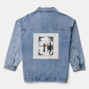 Vintage Father and Child Fishing Engraving Shirt D Denim Jacket