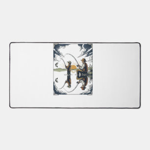 Vintage Father and Child Fishing Engraving Shirt D Desk Mat