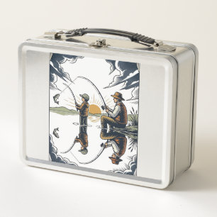 Vintage Father and Child Fishing Engraving Shirt D Metal Lunch Box