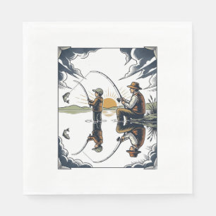 Vintage Father and Child Fishing Engraving Shirt D Napkin