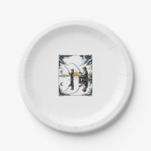Vintage Father and Child Fishing Engraving Shirt D Paper Plate