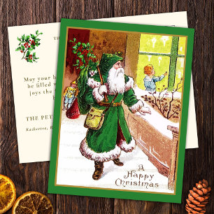 Vintage Father Christmas in Green with Gifts Holiday Postcard