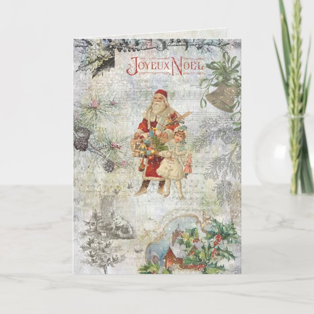 Vintage Father Christmas in Snow Collage Holiday Card (Front)