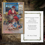 Vintage Father Christmas with Children Holiday Card<br><div class="desc">Nostalgic and quaint Victorian-era Christmas illustration featuring red-robed Father Christmas with two children and gifts with December 25 scroll. Back features complementary floral border,  suggested greeting and editable text fields.</div>