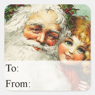 Vintage Father Christmas With Girl Gift Tag