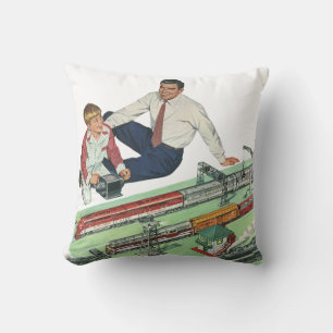Vintage Father's Day, Dad and Son with Trains Cushion