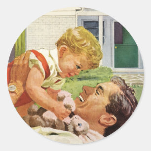Vintage Fathers Day, Happy Family in the Suburbs Classic Round Sticker