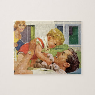 Vintage Fathers Day, Happy Family in the Suburbs Jigsaw Puzzle