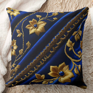Vintage faux Embroidery Blue Gold Flowers Cushion