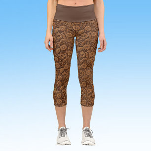 Vintage Faux Leather with Tooled Look Floral Capri Leggings