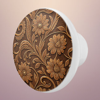 Vintage Faux Leather with Tooled Look Floral Ceramic Knob