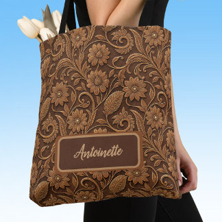 Vintage Faux Leather with Tooled Look Floral Tote Bag