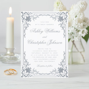 Vintage Faux Silver Wedding Elegant Ornate White Invitation