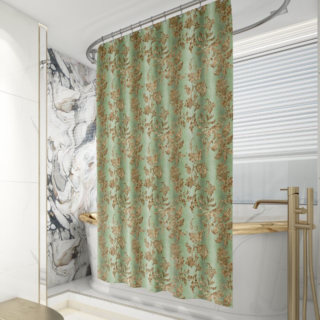 Vintage Faux Velvet Botanical Gold Green Shower Curtain (Creator Uploaded)