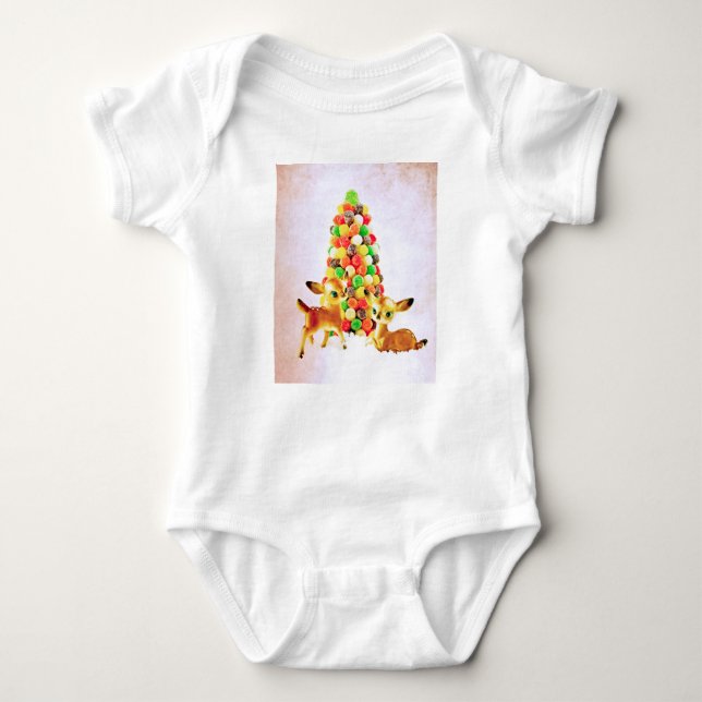 Vintage Fawns by Gumdrop Christmas Tree Baby Bodysuit (Front)