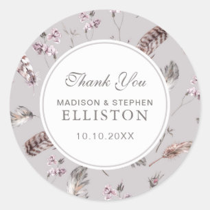 Vintage Feather and Floral Pattern   Thank You Classic Round Sticker