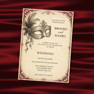 Vintage Feather Masquerade Scroll Wedding Invitation