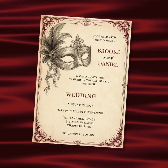 Vintage Feather Masquerade Scroll Wedding Invitation (Creator Uploaded)